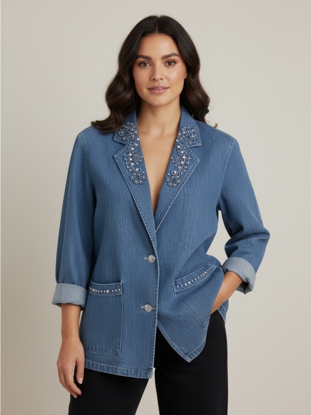 Vintage Embellished/Bedazzled Blue Denim Blazer Jacket 100% Cotton Made in USA